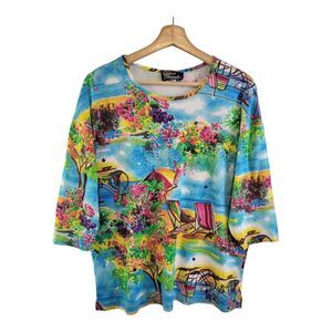 Vintage Silver Threads Womens Size L Novelty Tunic Top Beach Theamed Multi USA